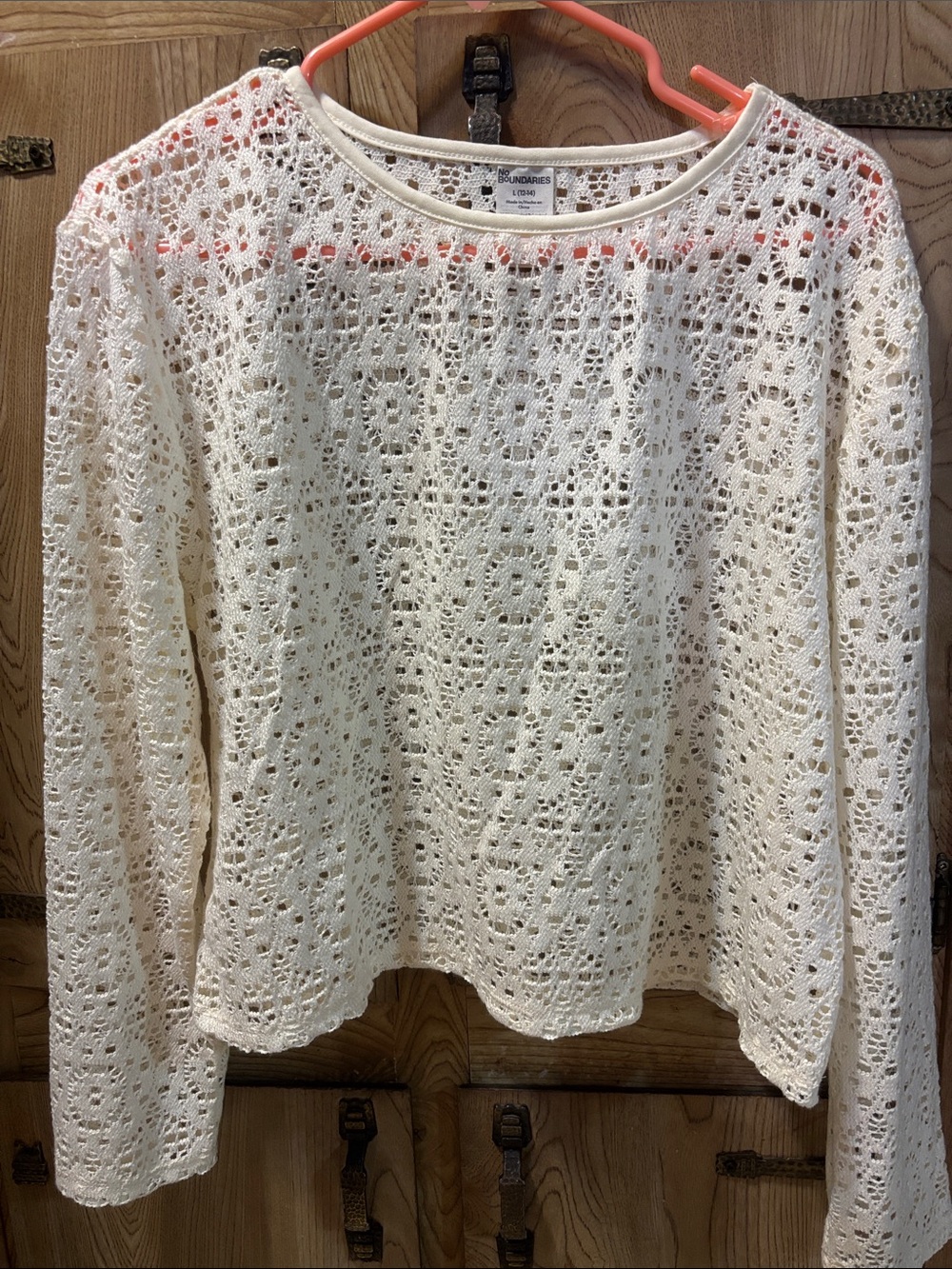 Crochet cover up top long sleeve cream white size L 12/14